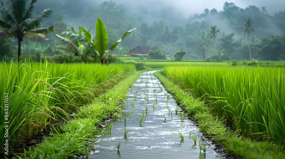 Fototapeta premium Rice Field Appears Lovely in the Rainy Season