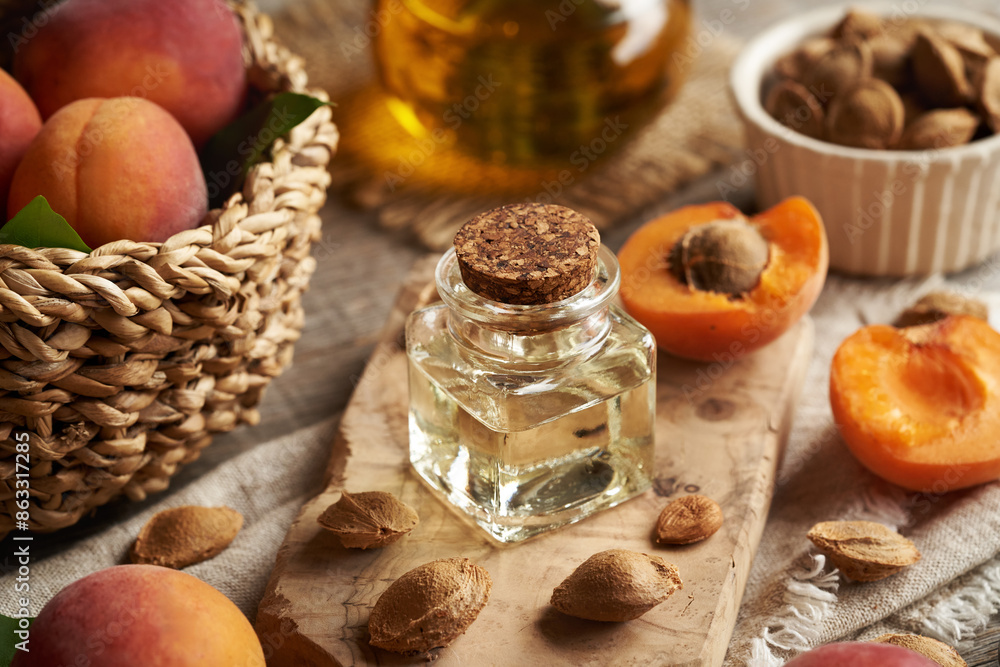 Apricot kernel oil in a glass jar with fresh apricots