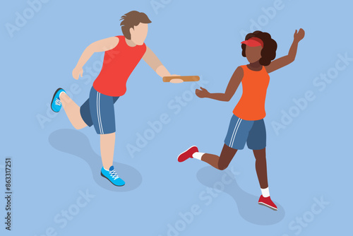 3D Isometric Flat Vector Illustration of Thrilling Relay Race, Speedy and Precise Relay Race Demonstrates Male and Female Sprinters Teamwork.