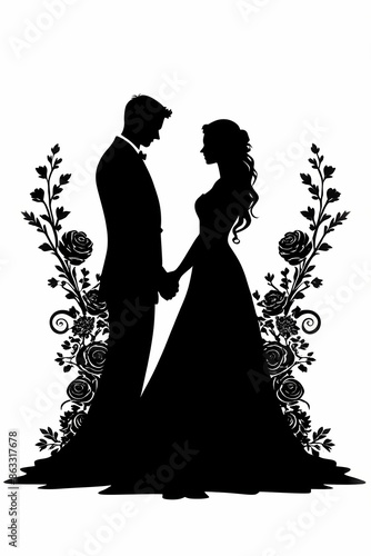 Silhouette of bride and groom, to be crafted in metal/wood, stands elegantly. Table adorned with flowers enhances wedding ambiance.