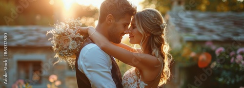 Bride And Groom Embracing In Front Of Stone House On Sunny Day