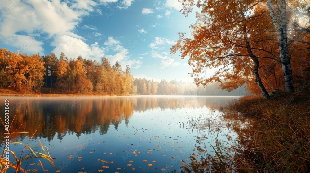 Fototapeta premium beautiful fairytale landscape in autumn with a large lake and forested area