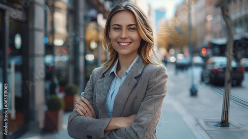 Young happy pretty smiling professional business woman, happy confident positive female entrepreneur standing outdoor on street arms crossed, looking at camera, Generative AI