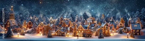 Christmas village with houses and trees on dark background Christmas town in winter night High quality photo, 3d render