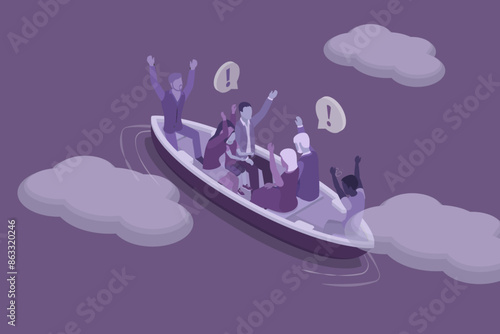 3D Isometric Flat Vector Illustration of Refugee People, Silhouettes of Refugees on Boat in Stormy Seas