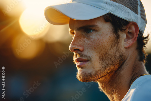 Elegant French tennis player with gold medal, side profile, early morning light, warm hues, detailed textures, professional lens quality