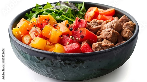 etailed shot of a pet bowl filled with healthy, colorful food, including pieces of beef, pumpkin, broccoli, and apples, set on a modern kitchen counter with fresh herbs around photo