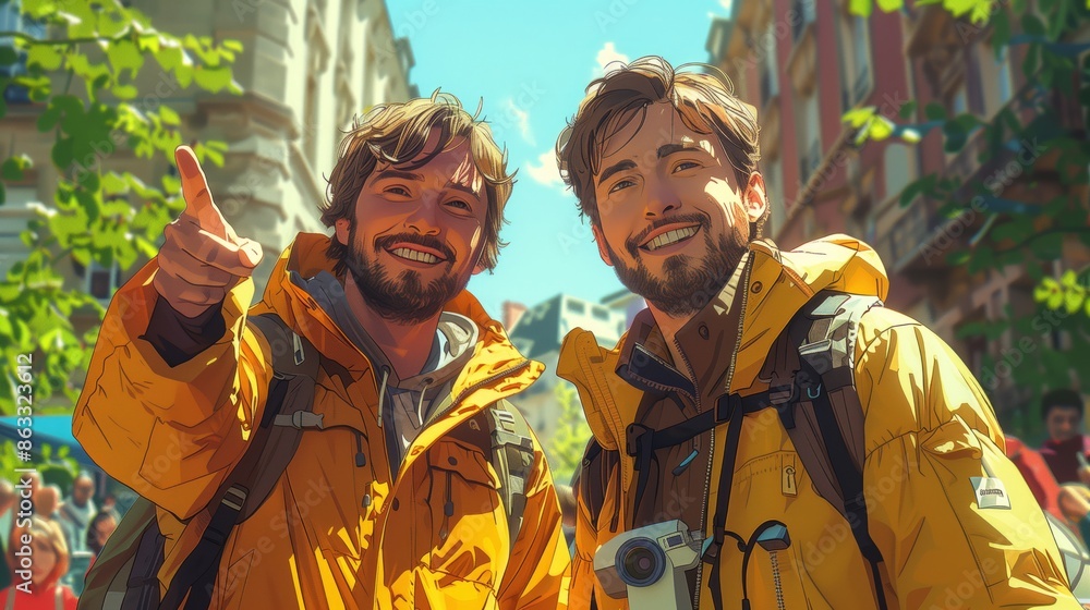 Two Smiling Men In Yellow Jackets Pointing In City Street Two Smiling Men In Yellow Jackets Pointing In City Street