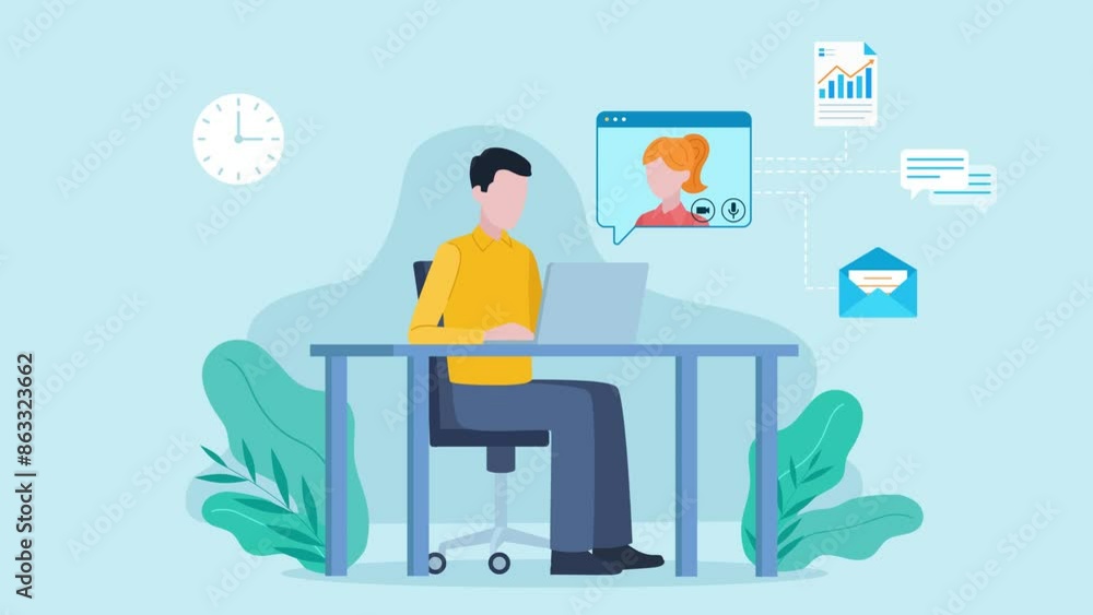 A man works at a desk. She is writing on a laptop, from which there is a speech bubble with the co-worker's avatar, next to which icons of a document, e-mail, conversation bubble appear. Flat style.
A man works at a desk. She is writing on a laptop, from which there is a speech bubble with the co-worker's avatar, next to which icons of a document, e-mail, conversation bubble appear. Flat style.