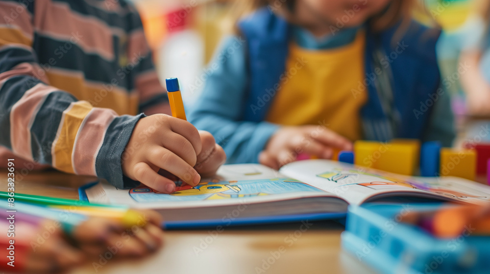 Close-up of children drawing and playing with colorful blocks Close-up of children drawing and playing with colorful blocks
