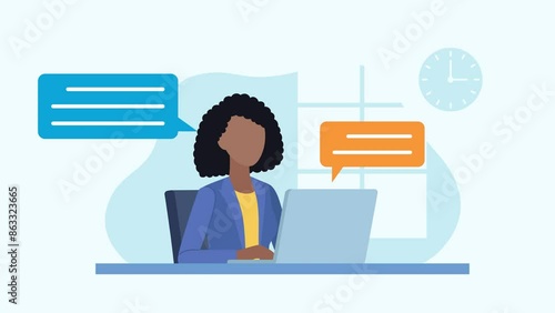 A woman at a desk is having a conversation with a client or colleague. Speech bubbles appear. Woman writing on a laptop. Employees talking at the desk. Animation in flat style. Education, business.
