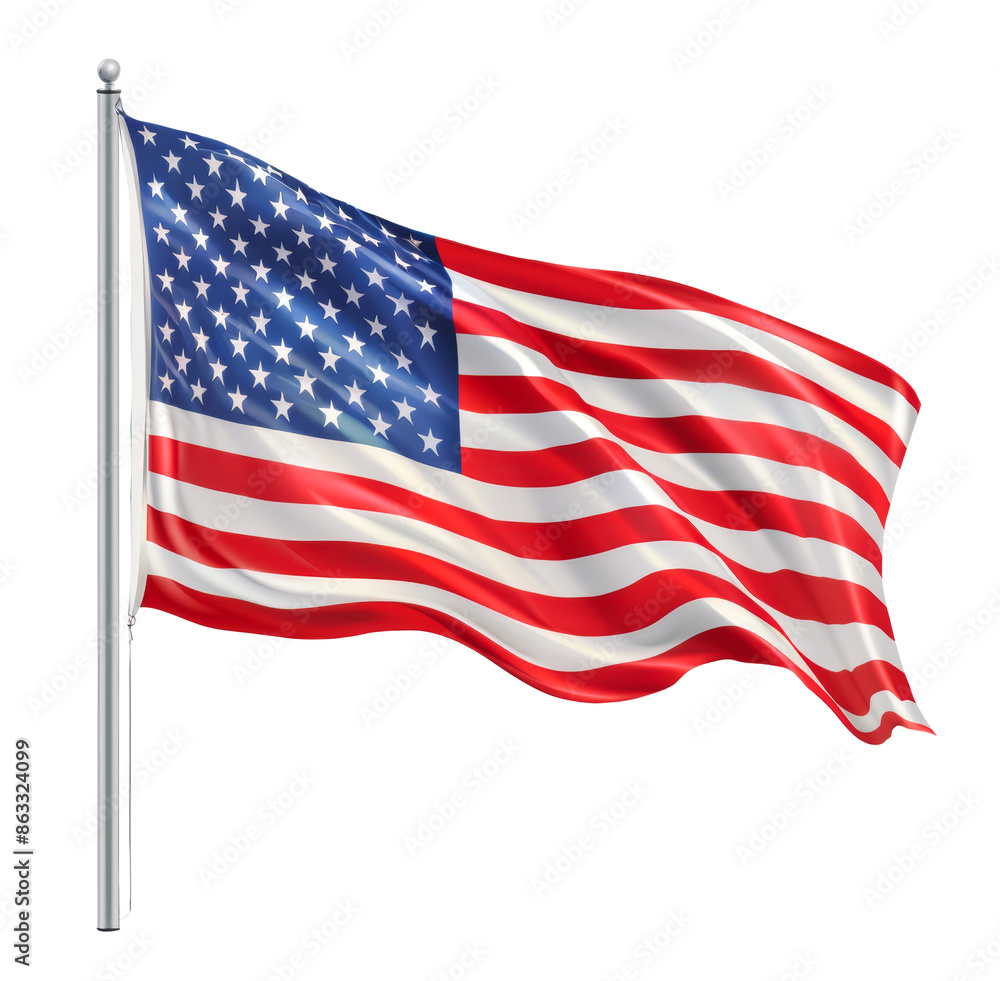 Obraz premium The American flag waving on a flagpole, representing the United States with red, white, and blue stripes and stars.