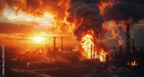 Industrial Complex Burning at Sunset With Smoke and Flames
