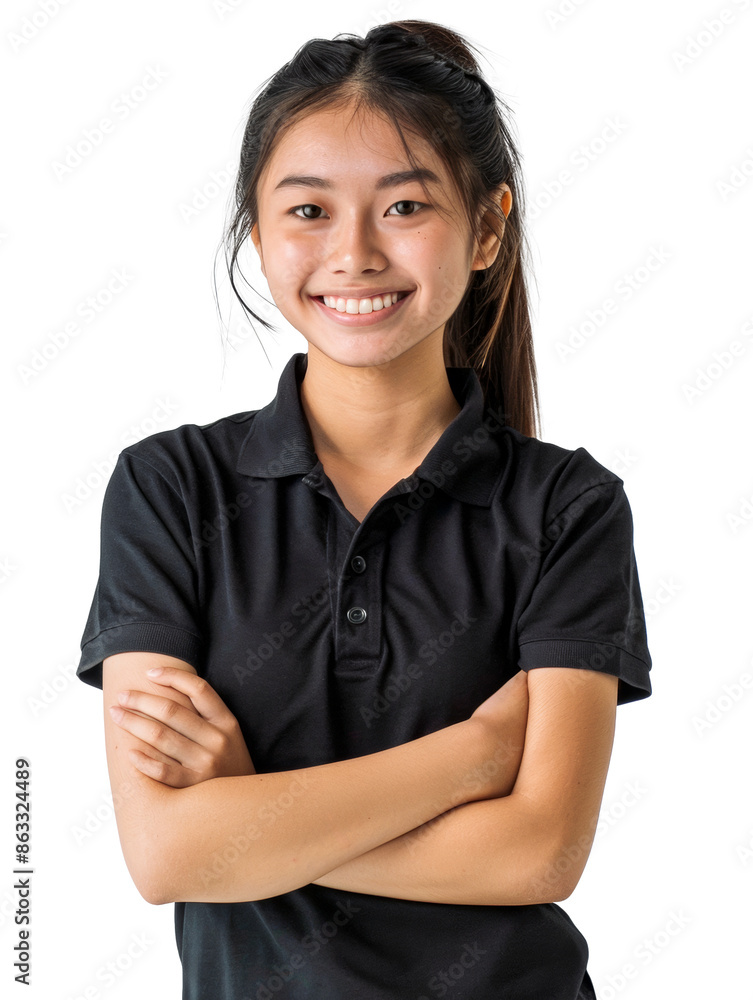 Young Philippina woman in a black polo shirt as job uniform, smiling confidently with arms crossed, standing against a white background. Young Philippina woman in a black polo shirt as job uniform, smiling confidently with arms crossed, standing against a white background.