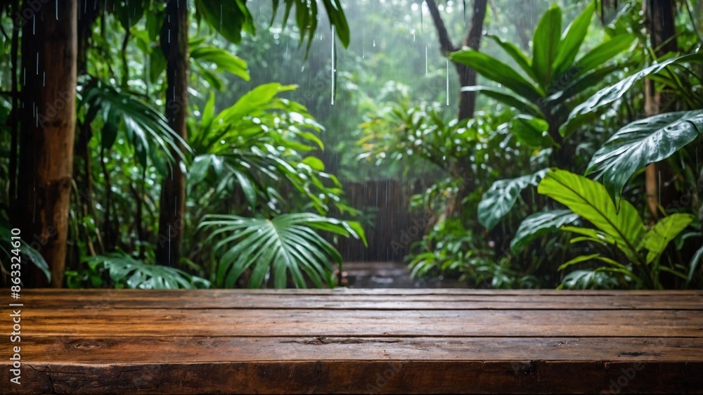 rustic wooden table and, in the background, a rainy tropical jungle blurred with nature, shade plants, vegetation, and sky, to use as a background for products. rustic wooden table and, in the background, a rainy tropical jungle blurred with nature, shade plants, vegetation, and sky, to use as a background for products.