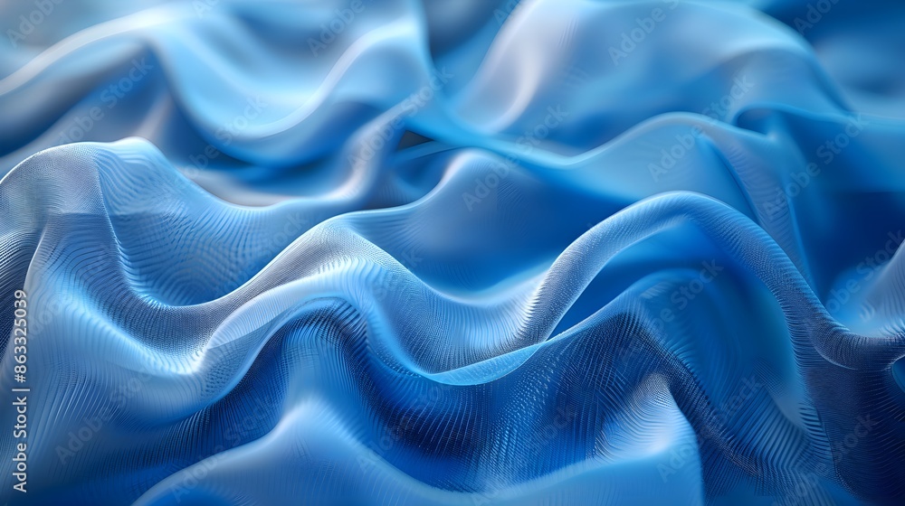 Fototapeta premium 3d render, abstract fashion background with blue wavy ribbons, folded cloth macro