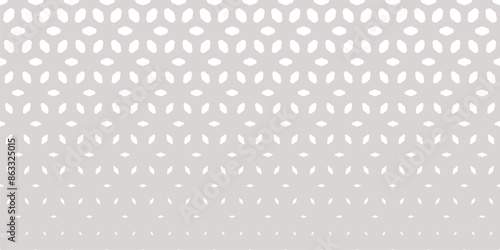 Vector halftone pattern. Horizontally seamless gry and white texture with gradient transition effect. Minimalist geometric background with floral shapes, leaves, mesh, lattice. Abstract geo design