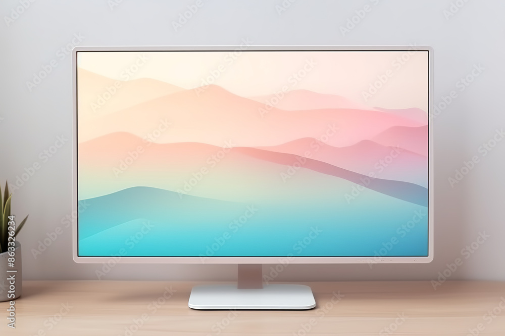 Fototapeta premium empty White screen on Desktop monitor, placed in Office environment, light wood desk, soft lighting, modern tech gadgets