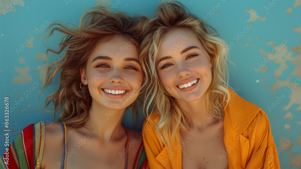 Full height image of two happy cheeky girls , best friends having fun , laughing on blue background. . Wearing stylish casual jackets, striped pop dress Full height image of two happy cheeky girls , best friends having fun , laughing on blue background. . Wearing stylish casual jackets, striped pop dress