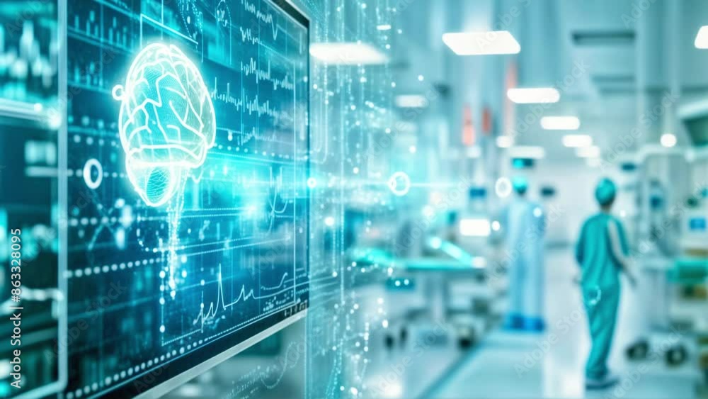 Brain Scan and Medical Data in a Hospital Operating Room: Neuroscience, Neurology, and Medical Technology Concept. Brain Scan and Medical Data in a Hospital Operating Room: Neuroscience, Neurology, and Medical Technology Concept.