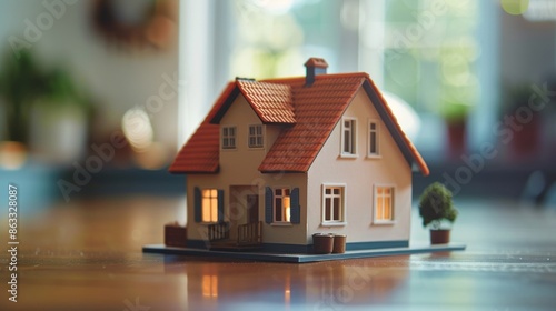 Close-up of a miniature house model on a table during a real estate consultation, symbolizing property planning and home buying, 