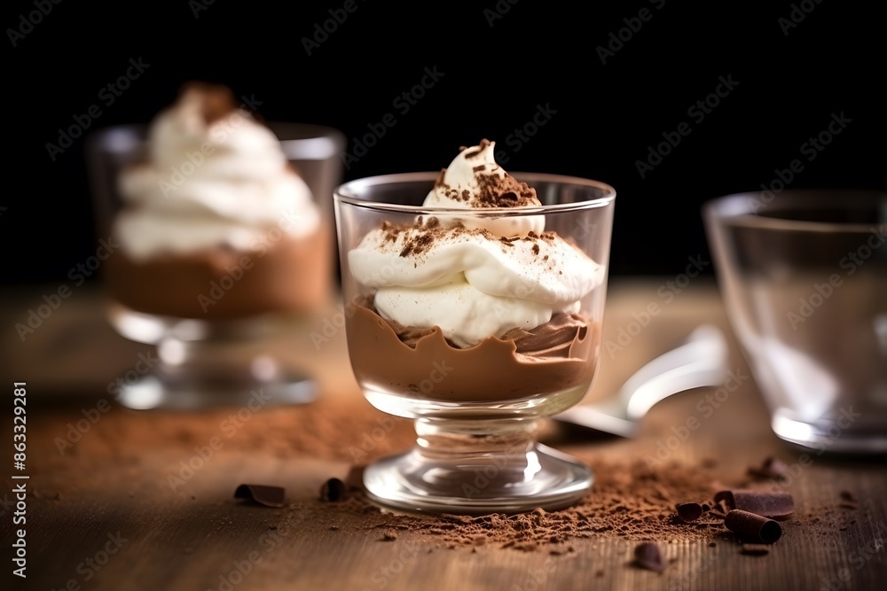Deliciouos chocolate pudding with whipped cream on top. Deliciouos chocolate pudding with whipped cream on top.