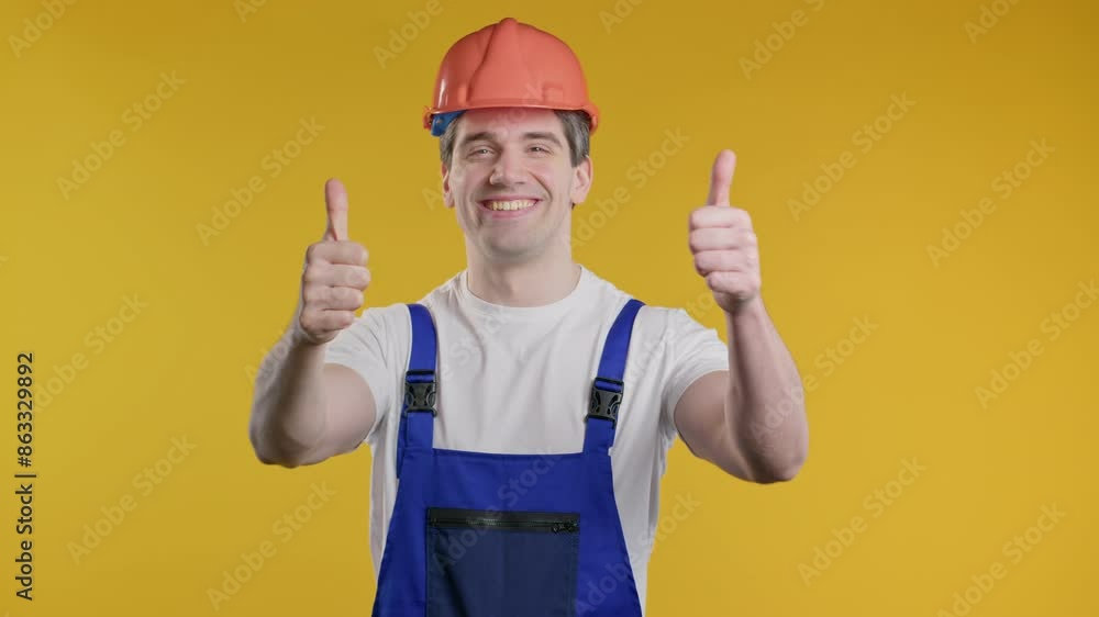 Positive builder in helmet, protective uniform makes hand sign like, thumbs up Positive builder in helmet, protective uniform makes hand sign like, thumbs up