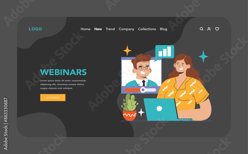 Webinars dark or night mode web, landing. Eager participant joins