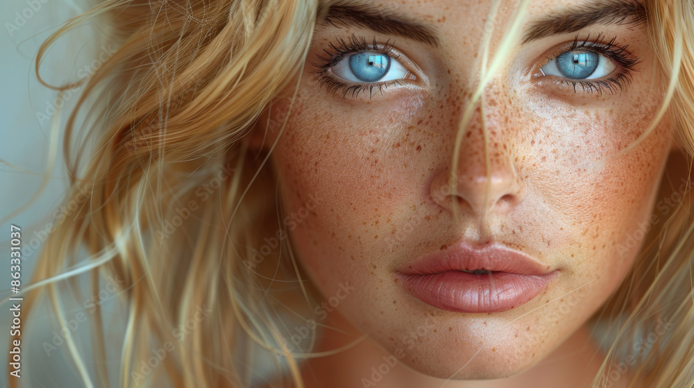 Freckles blonde woman portrait. close-up, blue eyed girl, perfect skin Freckles blonde woman portrait. close-up, blue eyed girl, perfect skin