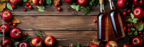 Two Bottles of Apple Cider With Fresh Apples and Leaves on Wooden Background