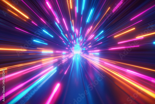 Futuristic tunnel with neon glowing lightspeed motion in a colorful digital abstract scene
