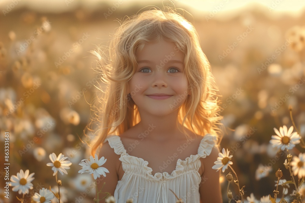 Smiling Little Girl In A Field Of Daisies At Sunset Smiling Little Girl In A Field Of Daisies At Sunset