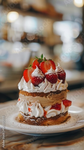 Strawberry  with white whipped cream on top Modern French Patisserie restaurant blurry background, small  © Dorian