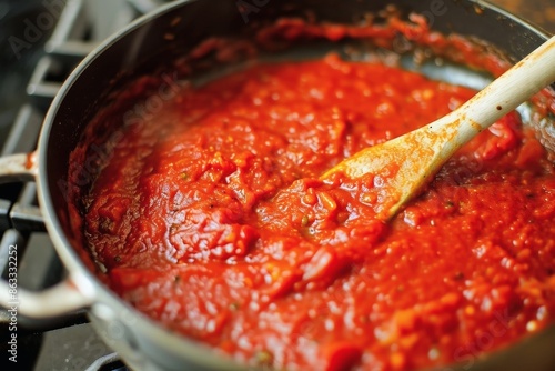 View into a pot while cooking a red sauce. photo