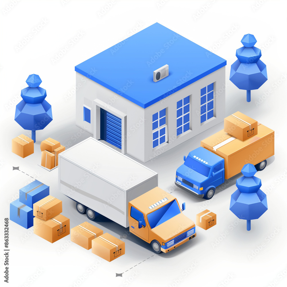 A blue and white building with a white truck parked in front of it. There are several boxes scattered around the scene, some of which are stacked on top of each other A blue and white building with a white truck parked in front of it. There are several boxes scattered around the scene, some of which are stacked on top of each other