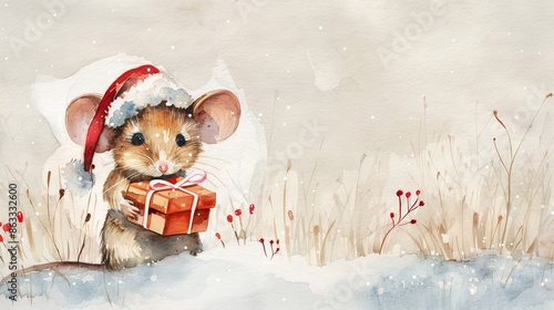 Watercolor painting of a cute mouse wearing a Santa hat and holding a gift box. Concept of Christmas, holiday celebration, festive animal illustration. Copy space photo