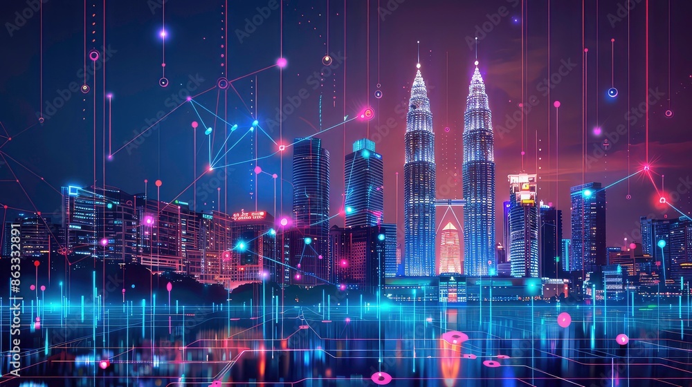 Obraz premium concept technology connection data big design line wave intricate aesthetic gradient connect point dot abstract city smart kuala lumpur skyline landscape code colors colorful.