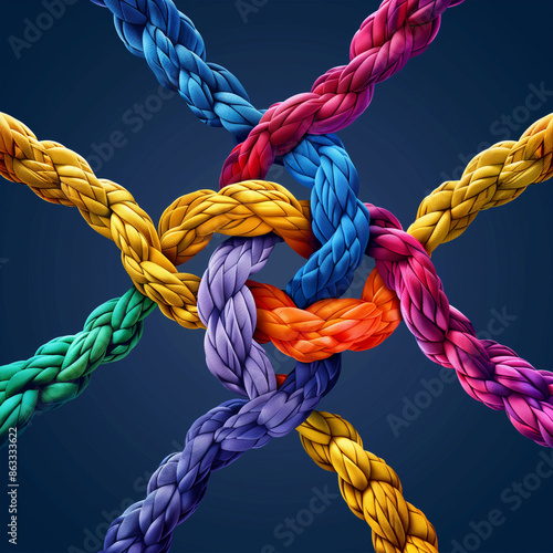 A colorful knot of strings is woven together in a pattern. The colors are bright and vibrant, creating a sense of energy and excitement. The knot is a symbol of unity and connection