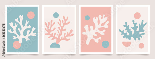 Set of abstract coral poster. Sea life. Modern trendy Matisse minimal style. Contemporary art print with organic nature shapes. Vector design for wall decor, print, postcard, cover, template, banner.