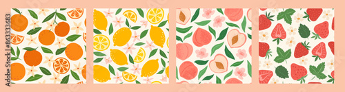 Set of vector seamless patterns with fruits. Trendy hand drawn textures with oranges, lemons, peaches and strawberry. Juicy tasty fruits backgrounds. Modern abstract design for paper, cover, fabric.