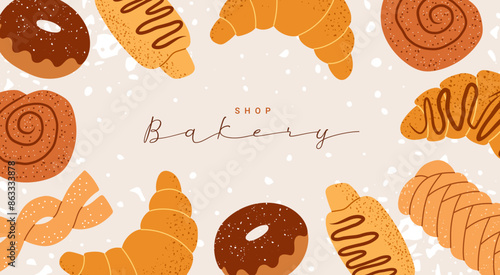 Bakery background with bakery products. Vintage textured poster for bakery shop. Croissant, bun, donut, pastry. Vector design template for ads, banner, cover, label.