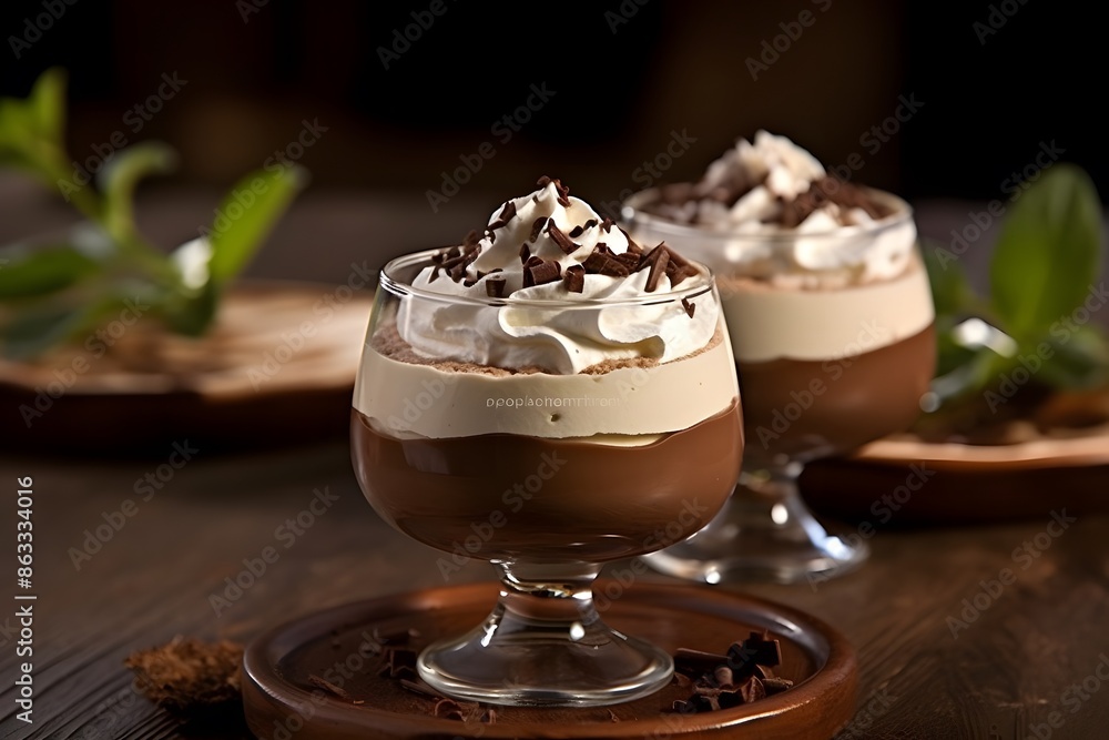 Deliciouos chocolate pudding with whipped cream on top. Deliciouos chocolate pudding with whipped cream on top.
