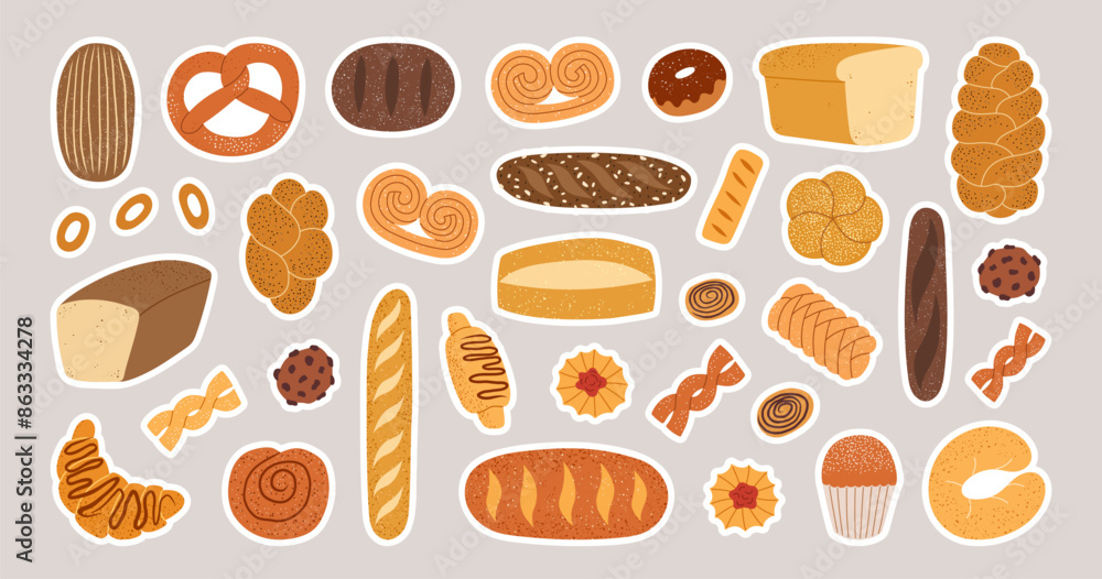 Hand drawn bakery pastry product set. Rye, wheat and whole grain bread, french baguette, whole wheat loaf, bagel, croissant, toast, pretzel, ciabatta, donut, cookie. Vector flat illustration. Hand drawn bakery pastry product set. Rye, wheat and whole grain bread, french baguette, whole wheat loaf, bagel, croissant, toast, pretzel, ciabatta, donut, cookie. Vector flat illustration.