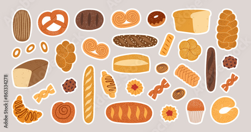 Hand drawn bakery pastry product set. Rye, wheat and whole grain bread, french baguette, whole wheat loaf, bagel, croissant, toast, pretzel, ciabatta, donut, cookie. Vector flat illustration.