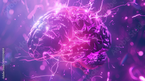 3d futuristic neon purple glowing electricity technology human brain. AI Artificial intelligence Machine learning nanotechnology cyber robot concept background.