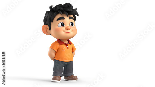 An animated boy character with black hair and a cheerful expression is standing confidently, wearing an orange shirt and dark pants against a plain white background - Generative AI