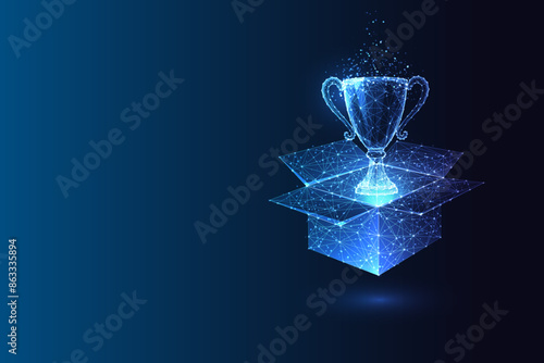 Victory, success, achievement futuristic conceptual image with trophy cup emerging from open box 