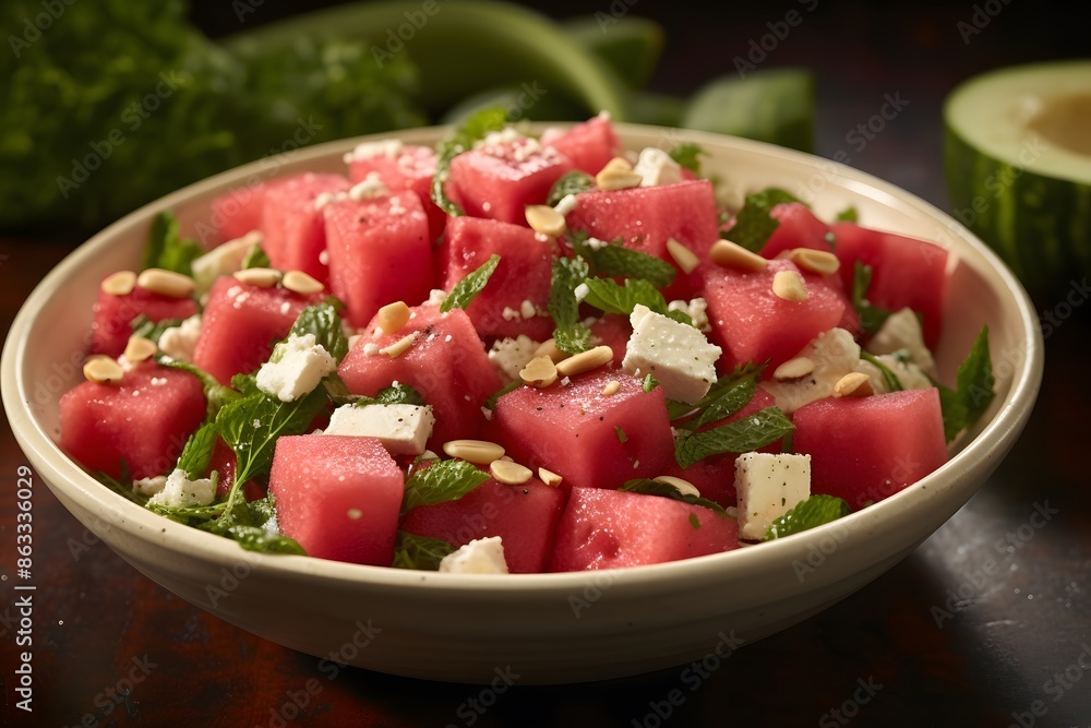 Fresh watermelon and feta cheese salad with mint leaves on a plate. Fresh watermelon and feta cheese salad with mint leaves on a plate.