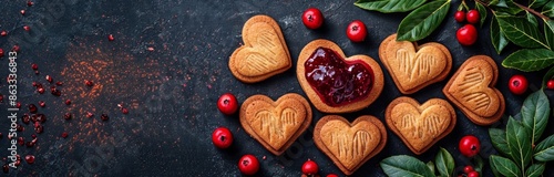 Heart-Shaped Cookies With Jam Filling and Green Leaves on Dark Surface