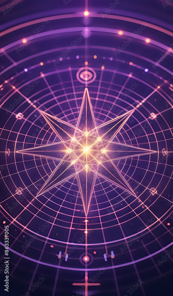 A holographic nautical compass on top of glowing lines representing network communication with sparkles of light in purple and orange tones A holographic nautical compass on top of glowing lines representing network communication with sparkles of light in purple and orange tones